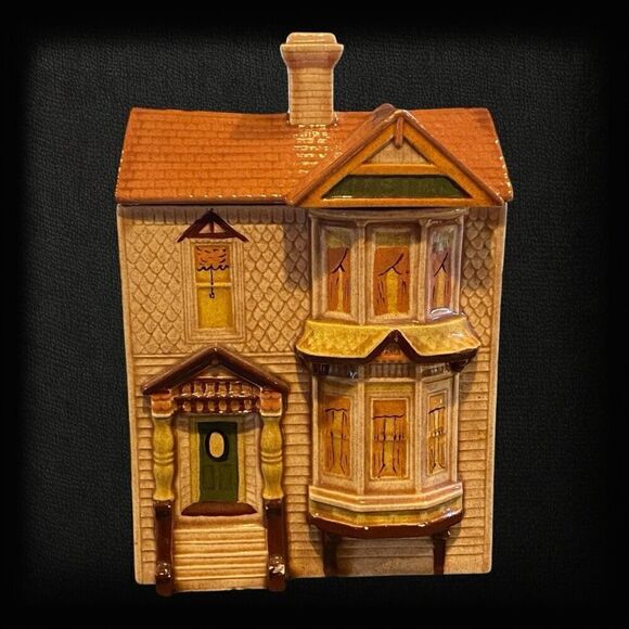VTG VICTORIAN HOUSE COOKIE JAR 2 STORY SAN FRANCISCO STYLE CERAMIC BROWN 9.5” - Picture 1 of 10